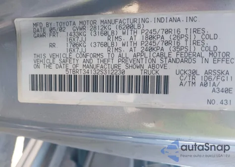 2002 Toyota Tundra Sr5 V8 из США, поврежденный, VIN 5TBRT34132S312230